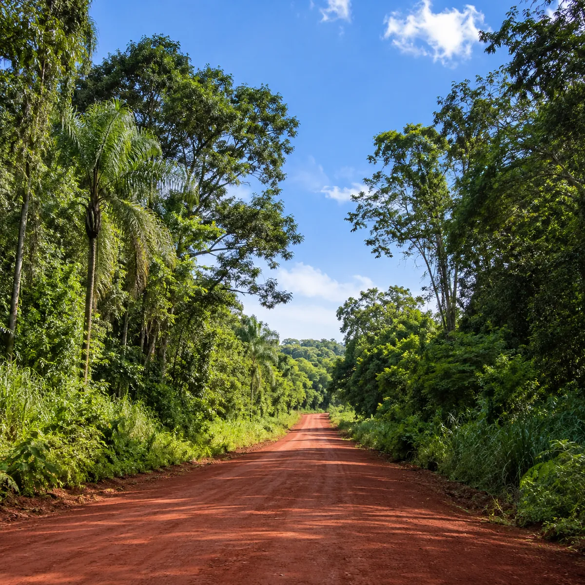 Camino de tierra colorada entre la selva misionera