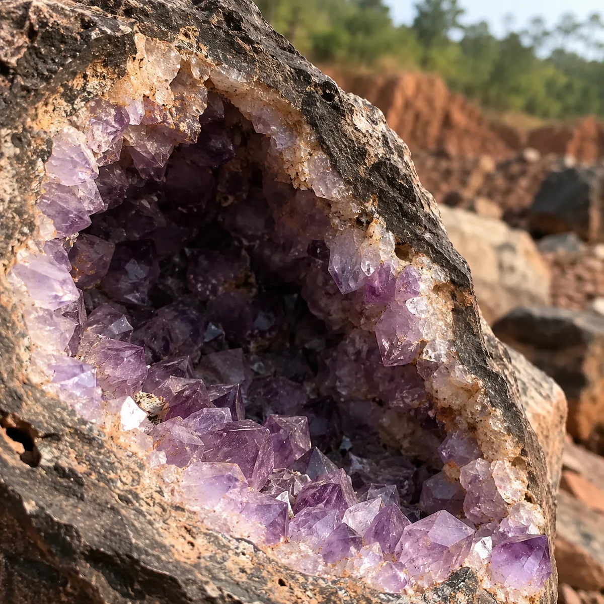 Geoda abierta con cristales de amatista en las Minas de Wanda
